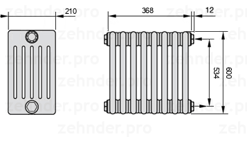 Схема (чертеж) Радиатор Zehnder Charleston 6060/8 №7610 Белый глянцевый RAL 9016